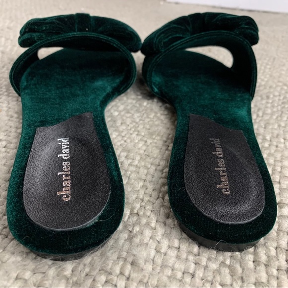 Charles David bow slipper sandals velvet green - Picture 2 of 14